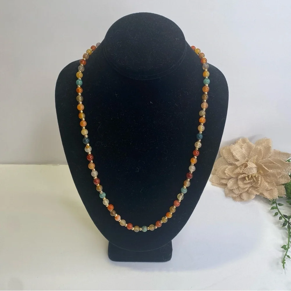 Vintage Multicolored Natural Polished Stone Beaded Necklace Barrel Screw Clasp